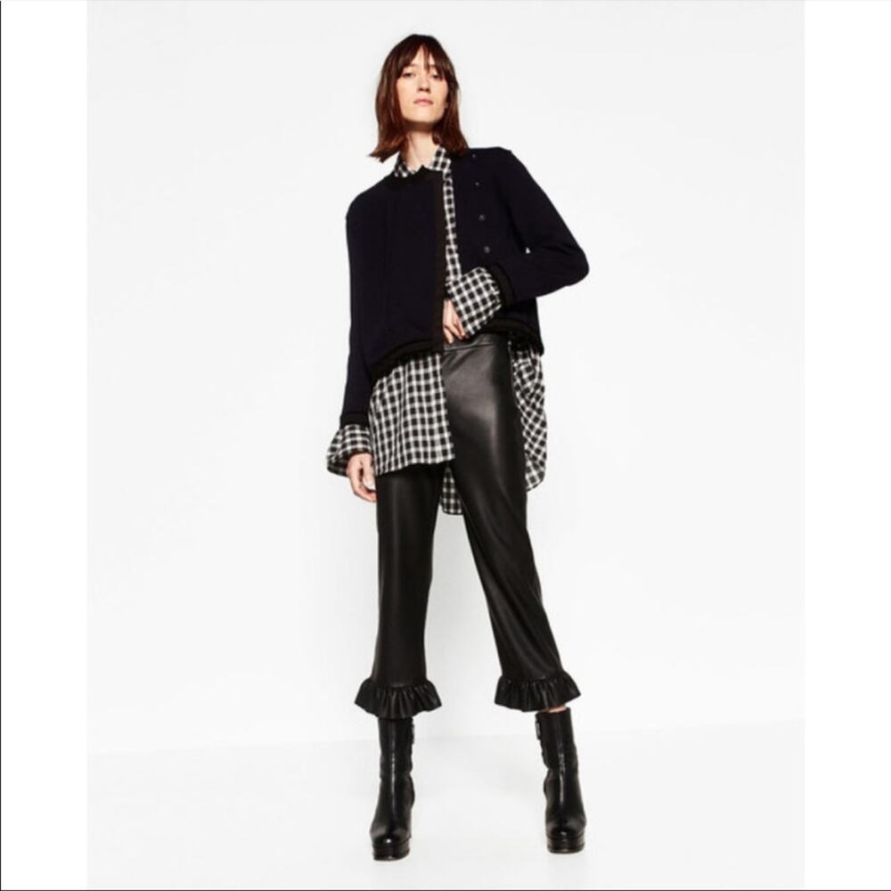 Zara Black Leather Ruffle Hem Pants